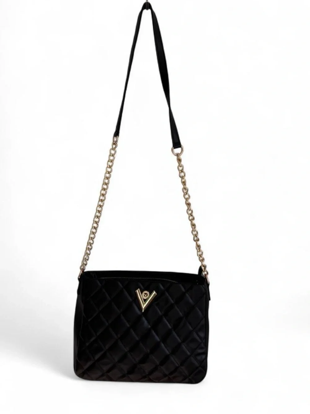 Valentino Orlandi Black Quilted Crossbody with Gold Chain